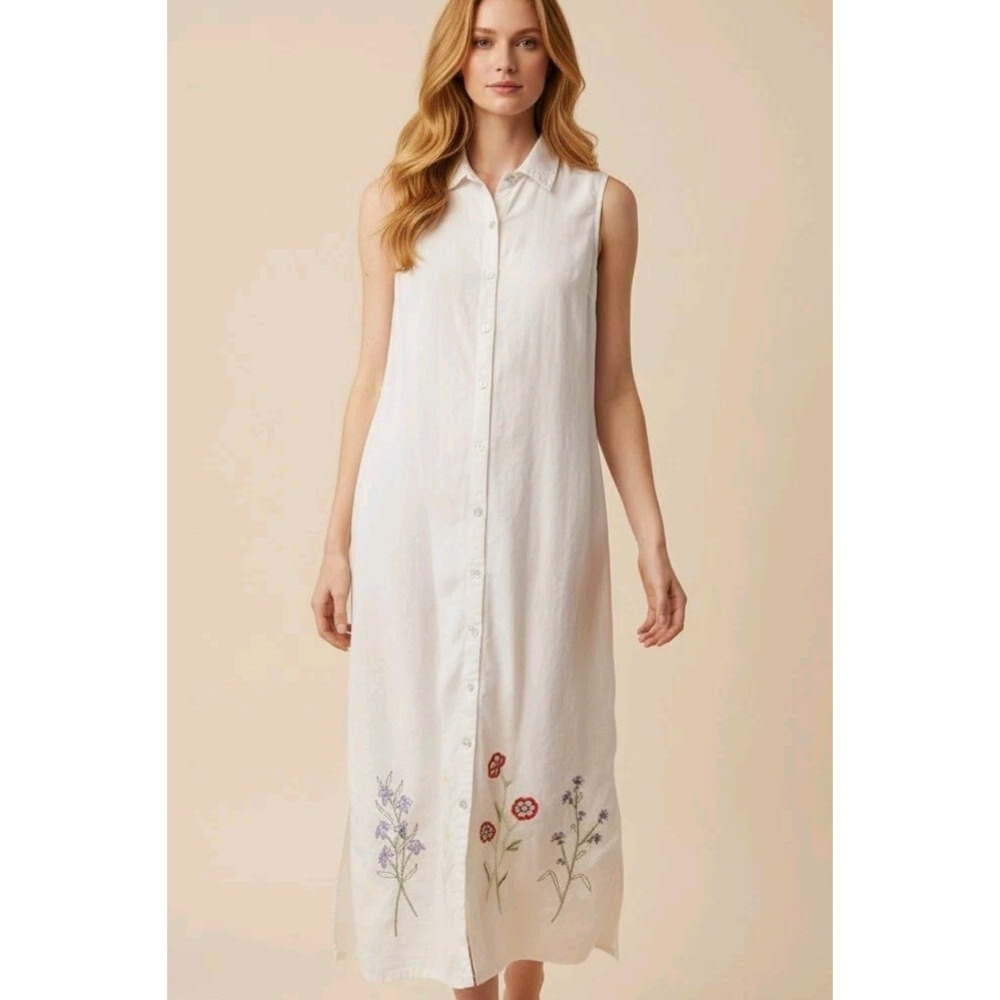 Studio Ease Linen Blend Button Front Maxi Dress White Floral Embroidered Sz‎ 16